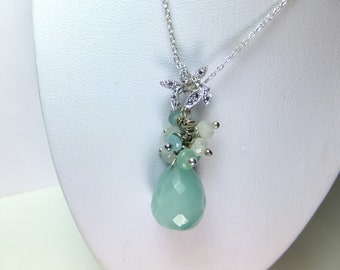 Amazonite, bordered with moonstone and amazonite, 925 sterling silver chain, faceted beads, necklace, pendant, charm, Mother's Day, gift, unique