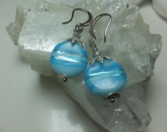 Earrings Murano glass, hand painted, with light and medium blue with silver pearl caps, earrings, brisures are diamond silver plated,