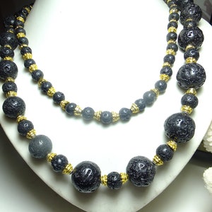 Lava pearl necklace double half-length, with gold plated elements,necklace,gemstone necklace, necklace,necklace