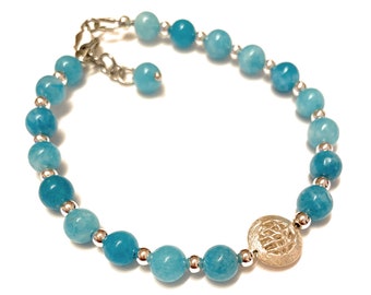 Delicate Larimar bracelet, Atlantis stone, very rare and popular, 6 mm pearls with sterling silver, Christmas, birthday, gemstone bracelet