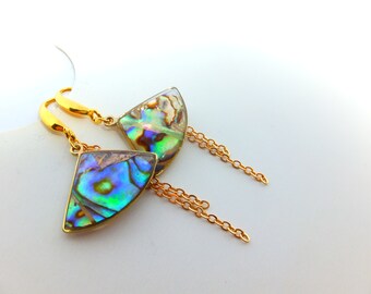 Paua Abalone 14k gold chain earrings, gorgeous shiny ear chains that change in color every time they move, hanging earrings,