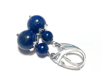 Lapis Lazuli, dark blue, large earrings, attached to 925 Sterling silver earwires, folding earwires, golden pyrite inclusions, handmade