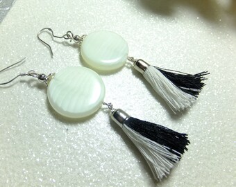 Mother of pearl tassels earrings, statement earrings, earrings, black and white, handmade,