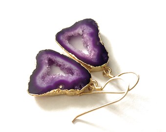 Agate earrings, galvanically gold-plated, dark violet, earrings 14k gold, naturally grown for thousands of years, very beautiful, unique, eye-catcher,