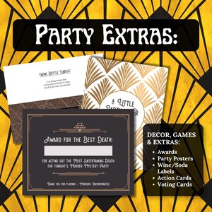 May include: Party extras for a murder mystery party, including awards, wine labels, and action cards. The image features a black and gold art deco design with text that reads "Award for the Best Death."