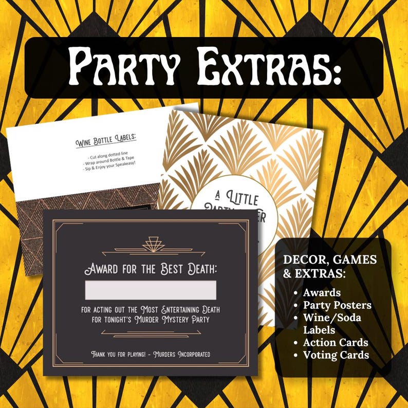 May include: Party extras for a murder mystery party, including awards, wine labels, and action cards. The image features a black and gold art deco design with text that reads "Award for the Best Death."