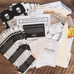 May include: A collection of printable party supplies for a murder mystery game. The supplies include a welcome sign, voting cards, action cards, character biographies, and a game invitation. The theme is a spooky, gothic manor with black and white skull graphics.