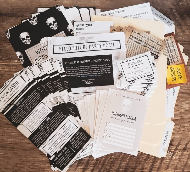 May include: A collection of printable party supplies for a murder mystery game. The supplies include a welcome sign, voting cards, action cards, character biographies, and a game invitation. The theme is a spooky, gothic manor with black and white skull graphics.