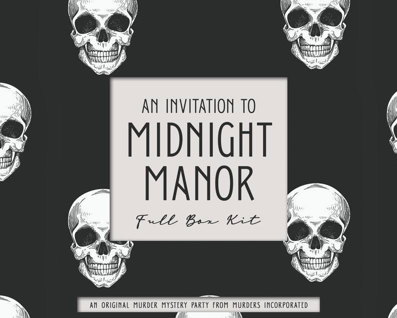 May include: An invitation to a murder mystery party called "Midnight Manor" with a skull pattern background. The text "Full Box Kit" is also included.