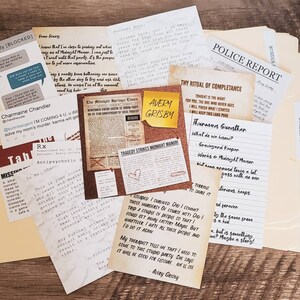 May include: A collection of papers and documents related to a murder mystery game. The papers include a police report, a newspaper article, a handwritten note, and a letter. The papers are all yellowed and aged, giving them a vintage look. The papers are arranged in a pile on a wooden table.