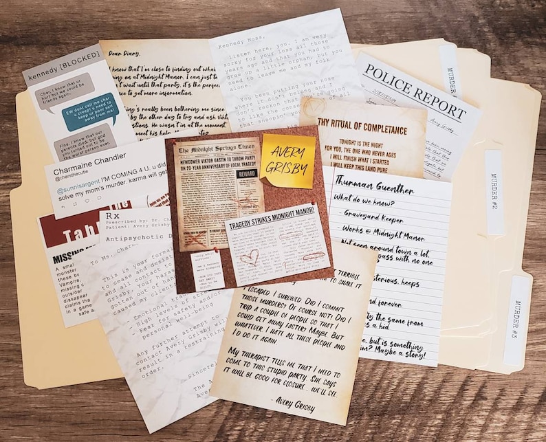May include: A collection of papers and documents related to a murder mystery game. The papers include a police report, a newspaper article, a handwritten note, and a letter. The papers are all yellowed and aged, giving them a vintage look. The papers are arranged in a pile on a wooden table.