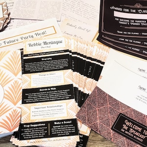 May include: A collection of printed materials for a murder mystery party. Includes cards with text like "Action Card!" and "Hello Future Party Host!", along with "Wine Bottle Labels" and "Welcome to The Speakeasy" signage. The color scheme is gold, brown, and black.