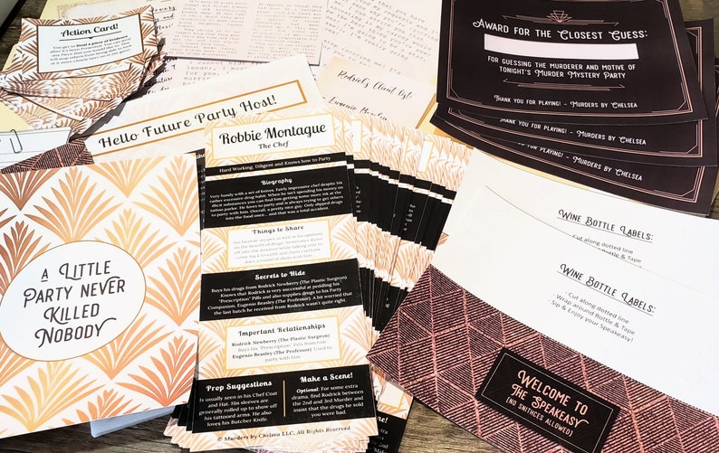 May include: A collection of printed materials for a murder mystery party. Includes cards with text like "Action Card!" and "Hello Future Party Host!", along with "Wine Bottle Labels" and "Welcome to The Speakeasy" signage. The color scheme is gold, brown, and black.