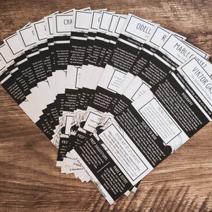 May include: A set of black and white bookmarks with text and illustrations. The bookmarks are for a murder mystery game called "The Mysterious Stranger".