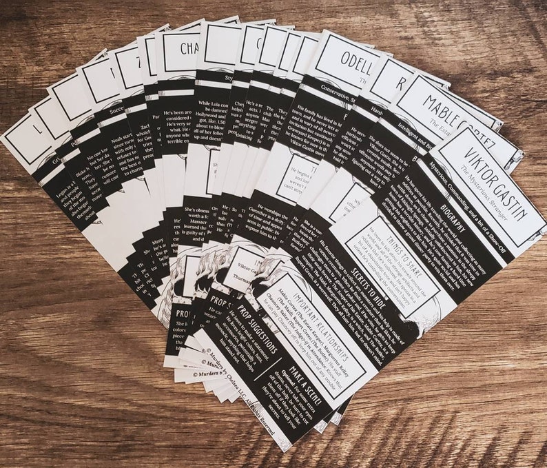 May include: A set of black and white bookmarks with text and illustrations. The bookmarks are for a murder mystery game called "The Mysterious Stranger".