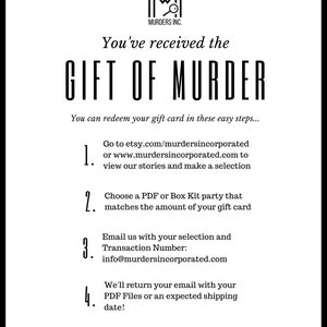 Box Kit Gift Card 114.99 Value Murder Mystery Party Gift Card PDF Game Christmas Gift Birthday Gift image 3