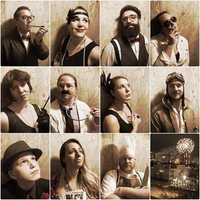 May include: A collage of twelve individuals in vintage attire, each posing in front of a textured wall. The group includes a man with a pipe, a woman in a flapper dress, and a person in a doctor's coat, among others. The overall theme suggests a retro or historical setting.