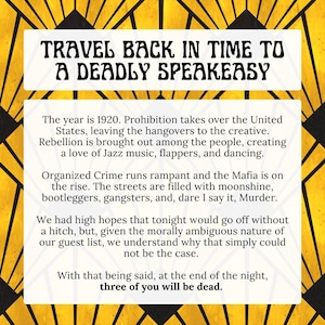 May include: A vintage-style poster with a yellow and black art deco design. The text reads "TRAVEL BACK IN TIME TO A DEADLY SPEAKEASY." The poster describes a 1920s speakeasy setting with jazz music, flappers, and organized crime.
