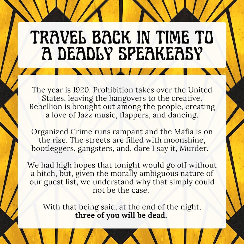 May include: A vintage-style poster with a yellow and black art deco design. The text reads "TRAVEL BACK IN TIME TO A DEADLY SPEAKEASY." The poster describes a 1920s speakeasy setting with jazz music, flappers, and organized crime.