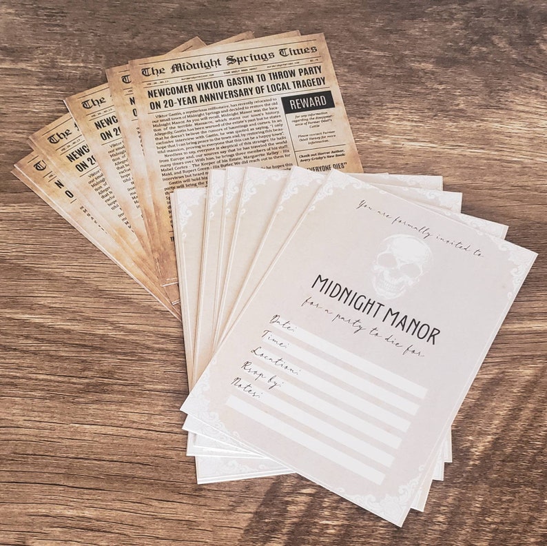 May include: A stack of cream-colored invitations with a skull graphic and the text "You are formally invited to MIDNIGHT MANOR for a party to die for."  The invitations have a decorative border and are printed on a textured paper.