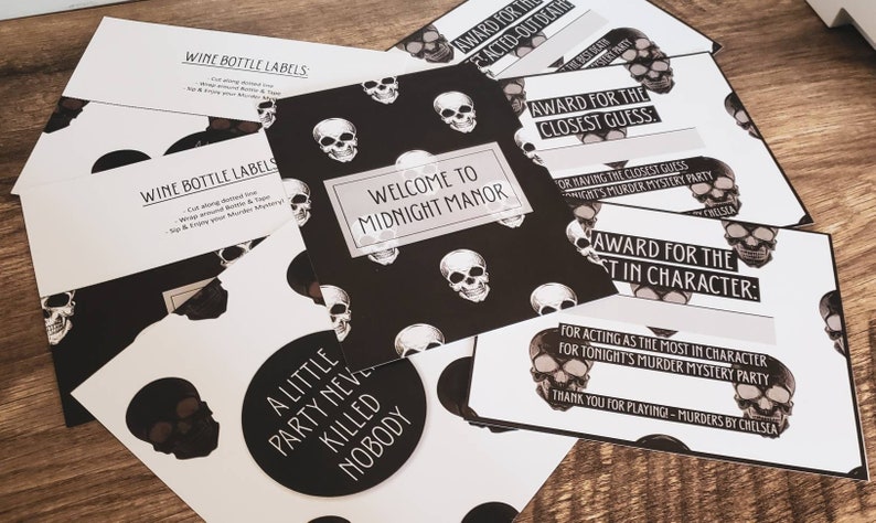 May include: A set of black and white printable party decorations with a skull motif. The decorations include wine bottle labels, award cards, and a welcome sign that says "Welcome to Midnight Manor".