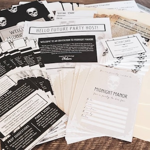 May include: A set of printable party game materials for a murder mystery party. The materials include character cards, action cards, and a welcome card with the title "Midnight Manor".