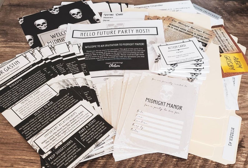May include: A set of printable party game materials for a murder mystery party. The materials include character cards, action cards, and a welcome card with the title "Midnight Manor".