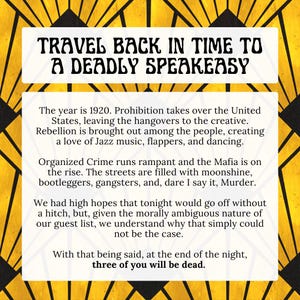 May include: A vintage-style poster with a yellow and black art deco design. The text reads "TRAVEL BACK IN TIME TO A DEADLY SPEAKEASY." The poster describes a 1920s speakeasy setting with jazz music, flappers, and organized crime.