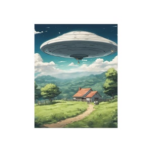 Poster, Manga Style Alien Abduction Fine Art Print, Wall Decor, Unique Artwork, Surreal Poster, Gift for Sci-Fi Fans
