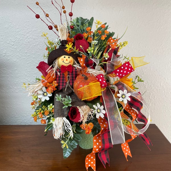 Scarecrow and Pumpkin Fall Cemetery Vase Flowers, 3 x 8 Vase Insert/Cone, Ready to ship Tribute Flowers, Red Silk Roses, Large Wired Bow