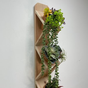 May include: A wooden wall-mounted planter with four staggered shelves, each holding a potted succulent plant. The planter is made of light wood and has a natural finish. The succulents are a variety of green and yellow colours.