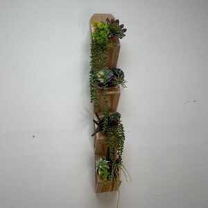 May include: A wooden wall-mounted planter with four staggered shelves, each holding a potted succulent plant. The planter is made of natural wood and has a rustic, farmhouse style.