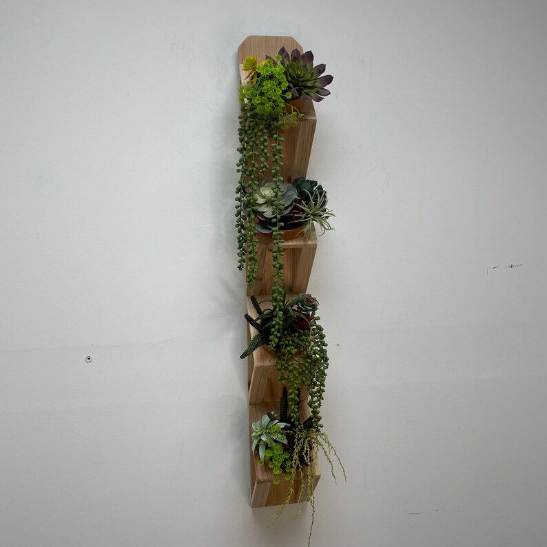 May include: A wooden wall-mounted planter with four staggered shelves, each holding a potted succulent plant. The planter is made of natural wood and has a rustic, farmhouse style.
