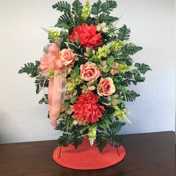 Spring Cemetery Spray with Metal Stand Included, Peach Silk Flowers with Easel,  Ready to Ship Memorial Spray, Peach Silk Cemetery Spray