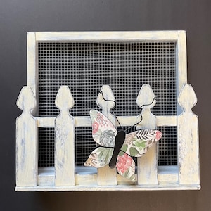Picket Fence Mail Holder with Butterfly, Wood Hanger, Porch Decor, Ready to Ship Mail Keeper, Creamy White Mail Keeper Bin, Porch Mail Bin