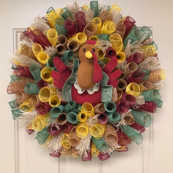 Deco Mesh Turkey Front Door Wreath, Fall Door Wreath, ready to ship, Thanksgiving Plush Turkey Door Wreath, Ready to Ship Autumn door Wreath