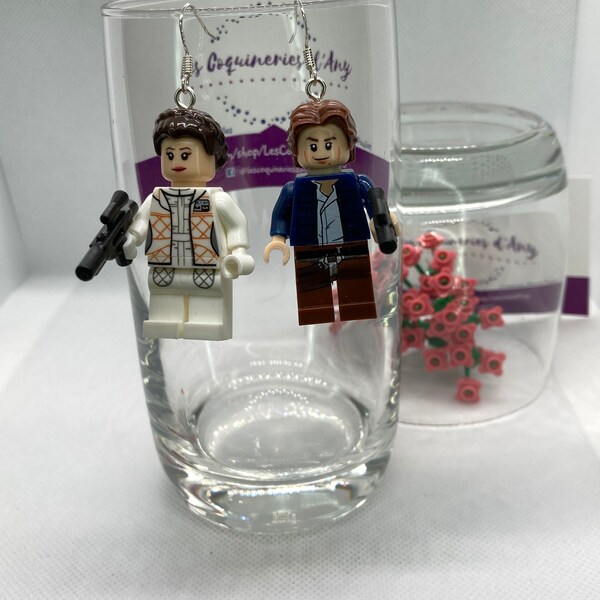 3 in 1 - Earrings figurines of Hans Solo and Princess Leia (Lego compatible)