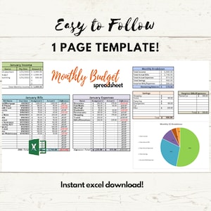 May include: A colourful spreadsheet template for a monthly budget. The template includes sections for income, bills, expenses, savings, and surprise bills. The template also includes a pie chart showing a monthly budget breakdown.