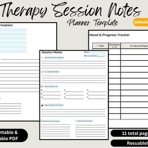 May include: Printable therapy session notes planner template with sections for client information, session notes, and a mood and progress tracker. The template is designed to be filled out and includes space for dates, notes, and goals.