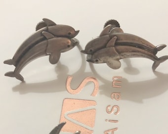 Vintage - Georg Jensen Denmark 129 Double Dolphin Sterling Silver Screwback earrings