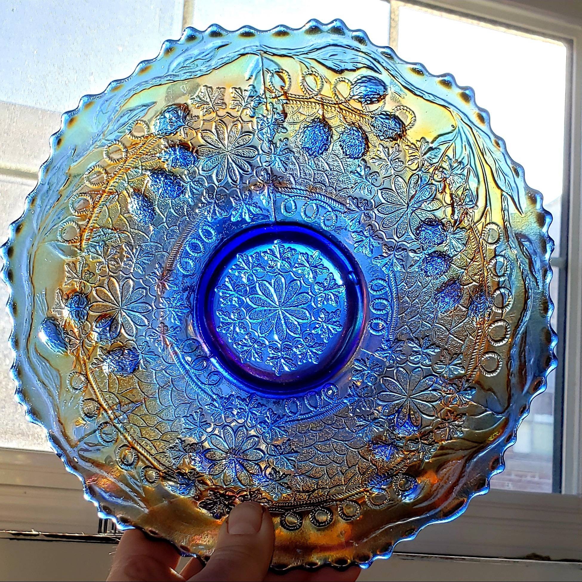 Fenton Carnival Glass Leaf Chain Plate - Blue / Orange - Etsy