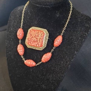 Hand-Carved Chinese Cinnabar Jewelry Set - Clip-On Earrings, Brooch, and Necklace