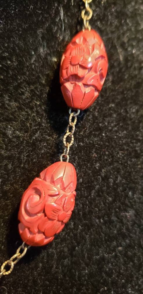 Hand-Carved Chinese Cinnabar Jewelry Set - Clip-O… - image 4