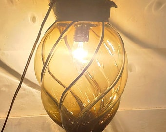 Hand Blown Glass Hanging Light in Wrought Iron Cage - Unique MCM Ceiling Pendant