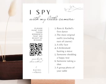 I spy wedding game with QR Code photo scavenger hunt wedding sign card - CHECKLIST instant Download Canva camera editable template #WL
