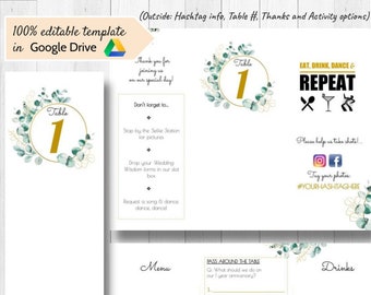 TABLE NUMBERS MENU Printable Trifold Activities list Advice form  Hashtag 5-in-1. 100% editable template in free Google Drive