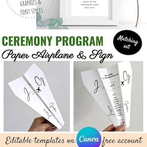 Op de afbeelding: Bewerkbare sjabloon voor een huwelijksceremonieprogramma met een papieren vliegtuigontwerp met de tekst "Love is in the air" en "Welcome to the wedding of" met de namen van de bruid en bruidegom. De sjabloon is beschikbaar op Canva.