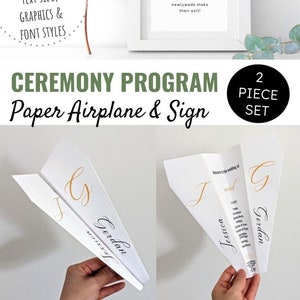 May include: A set of two wedding ceremony program pieces, a white paper airplane with gold lettering and a white sign with gold lettering. The sign reads "Love is in the air" and the airplane has the names "Jessica" and "Gerdan" on it. The sign says "Please help us spread the love by flying this paper plane as the newlyweds make their exit!"