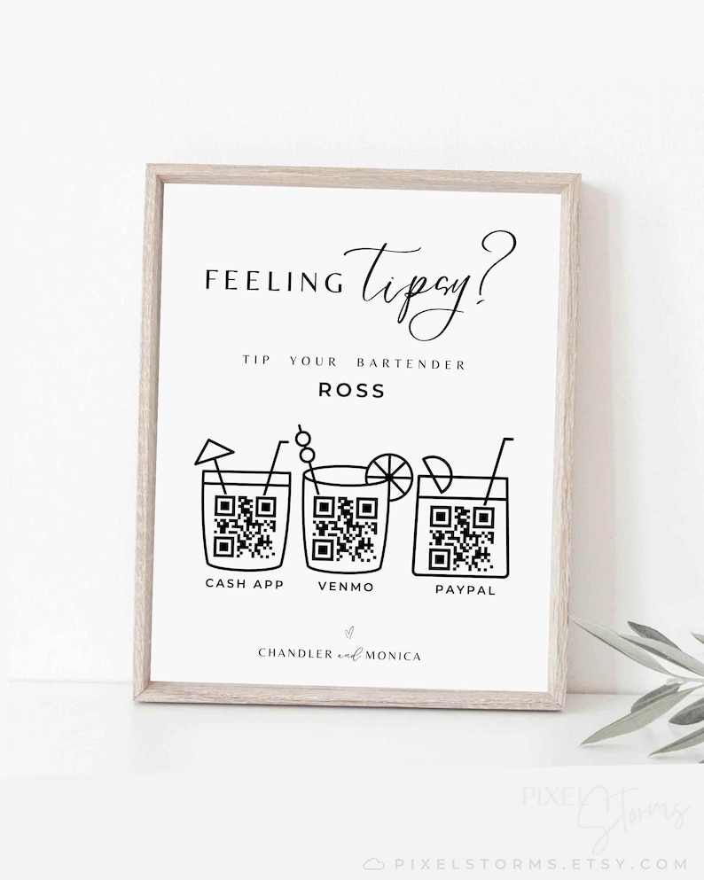 May include: A black and white sign with the text "Feeling Tipsy?" and a QR code for each of the following payment methods: Cash App, Venmo, and PayPal. The sign also includes the text "Tip your bartender Ross" and "Chandler and Monica".