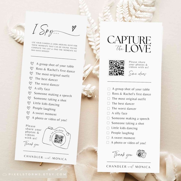 Ik bespioneer het bruiloftsspel Leg de liefdesfoto-speurtocht vast voor de bruiloftsspelkaart - CHECKLIST PDF Download Canva-camera QR-codesjabloon #SA01